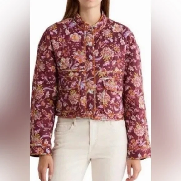 7 For All Mankind Quilted Floral Bomber Cropped Jacket in Burgundy - size M - Picture 2 of 8